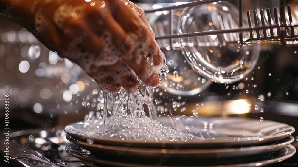 Fototapeta premium Washing Dishes: Cleaning plates, utensils, and glasses either by hand with soap or using a dishwasher for quick and efficient results. 