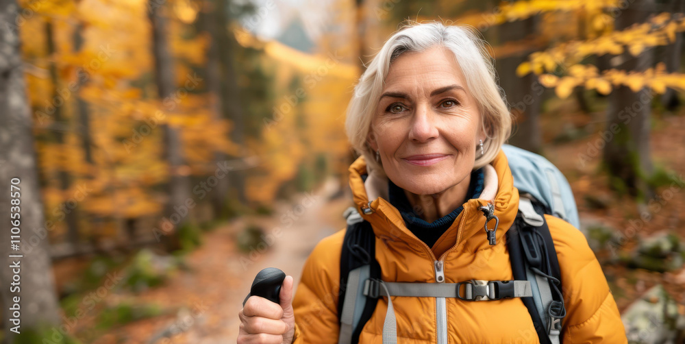Capturing the spirit of adventure, a wise woman strolls through a vibrant autumn forest, embracing natures beauty. Capturing the spirit of adventure, a wise woman strolls through a vibrant autumn forest, embracing natures beauty.
