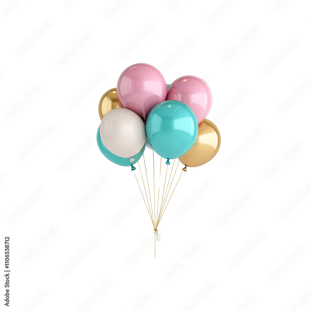 Festive Bunch of Pastel and Gold Balloons Isolated on White Background Festive Bunch of Pastel and Gold Balloons Isolated on White Background