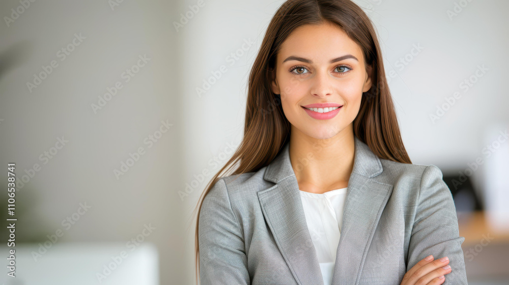 A young business woman confidently stands in her office, using her phone to connect and engage. A young business woman confidently stands in her office, using her phone to connect and engage.