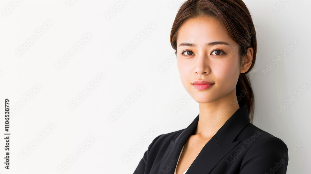 A young Asian woman stands confidently, showcasing her professional demeanor against a clean, white backdrop. A young Asian woman stands confidently, showcasing her professional demeanor against a clean, white backdrop.