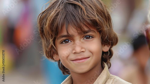 A vibrant portrait of a Tamil boy in a bustling street, capturing the essence of life in an Indian or Pakistani city.