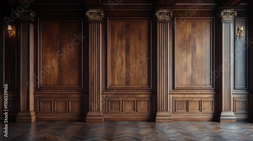 Dark wood paneled wall with columns and herringbone floor.