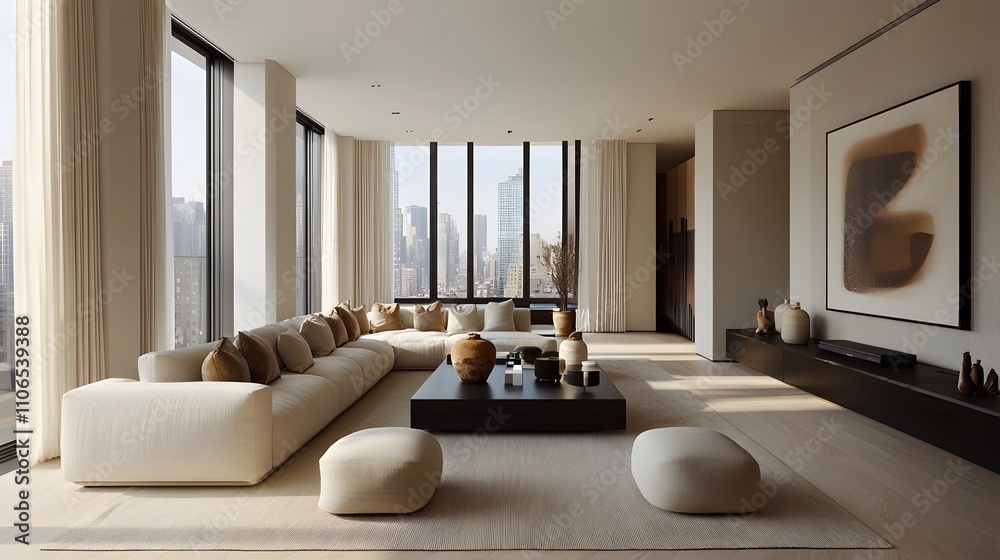 Minimalist home interior design of spacious modern living room with a sectional sofa and large windows. Minimalist home interior design of spacious modern living room with a sectional sofa and large windows.