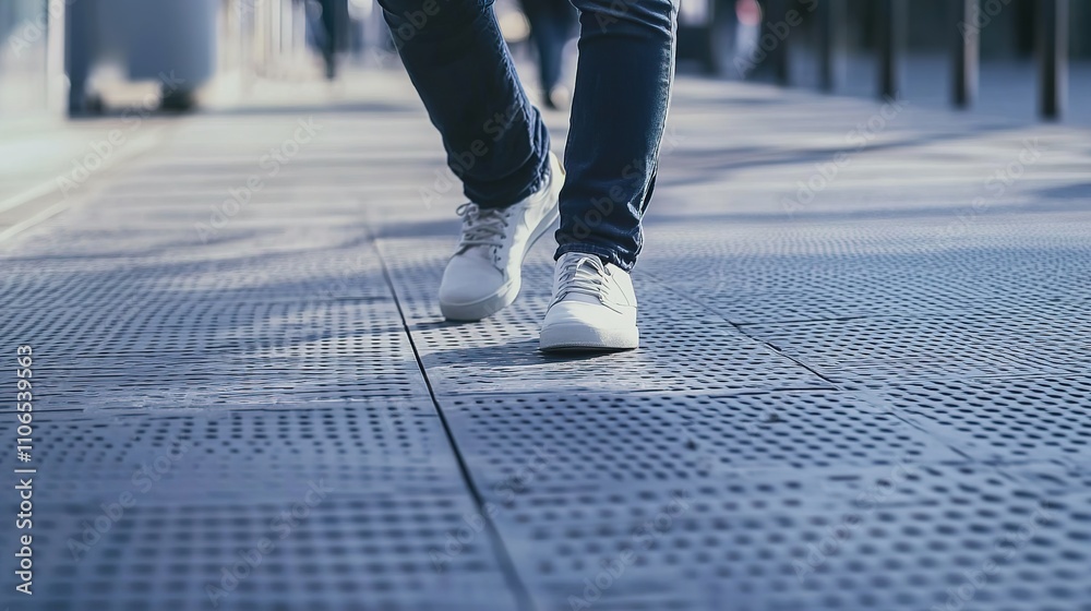 Fototapeta premium A young blind person walking confidently along a tactile floor in the street, well-dressed, using a cane to navigate their surroundings. The image highlights accessibility, independence, 