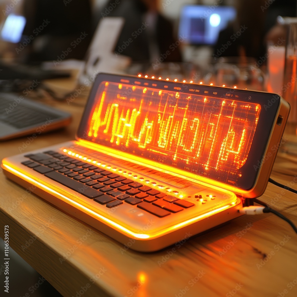 Futuristic backlit keyboard with graphic display on a wooden table.