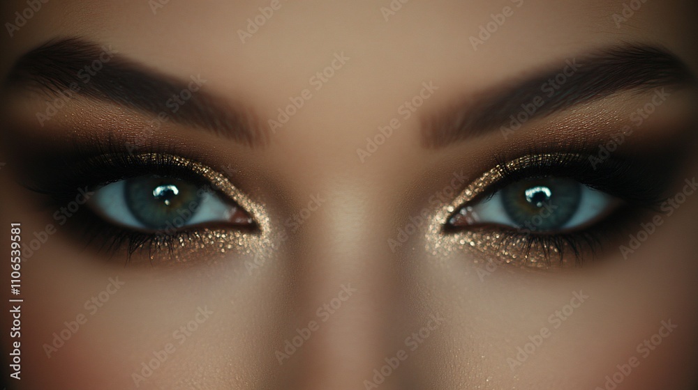 Close-up of woman's eyes with gold glitter eyeshadow. Close-up of woman's eyes with gold glitter eyeshadow.