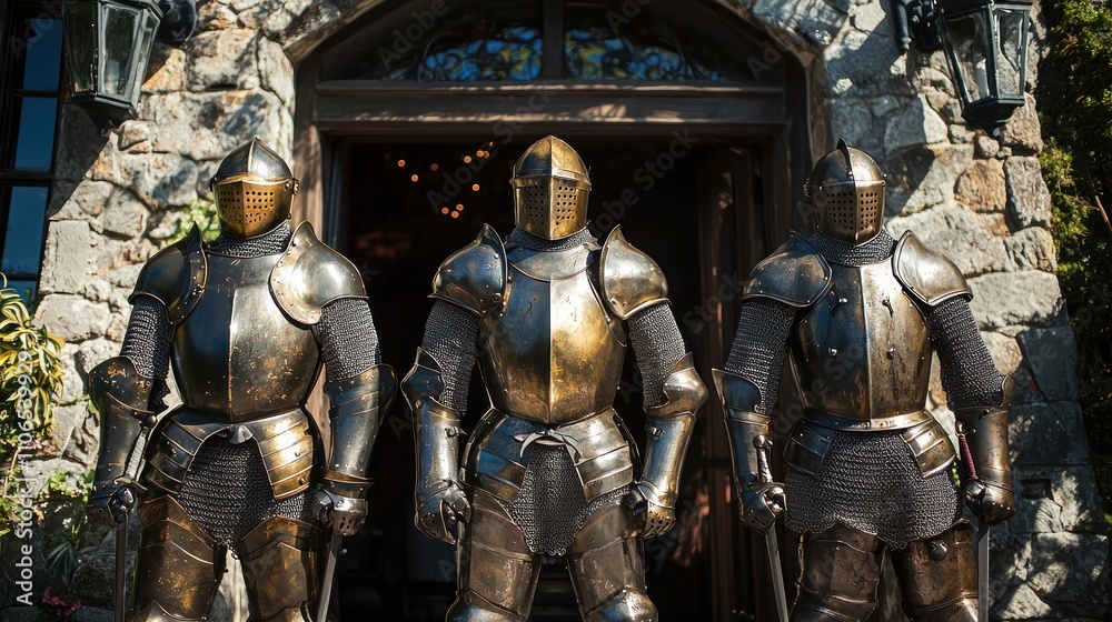 Suits armor positioned at the entrance a medieval castle-themed party Suits armor positioned at the entrance a medieval castle-themed party