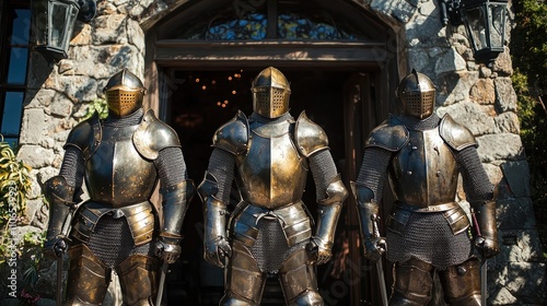 Suits armor positioned at the entrance a medieval castle-themed party