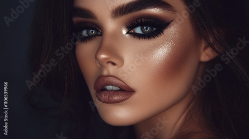 Close-up portrait of a beautiful woman with dramatic eye makeup and nude lipstick.