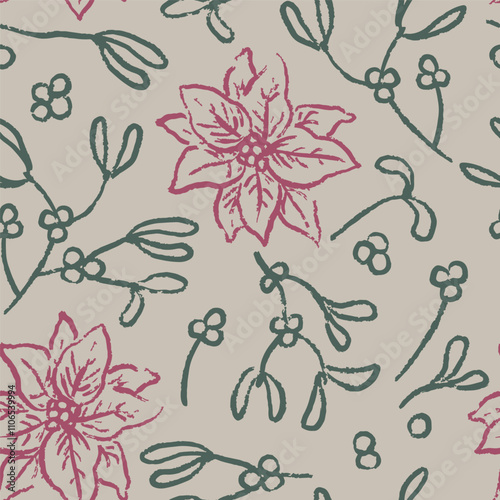 Grunge pink poinsettia flower and green mistletoe on beige background, Christmas and New Year seamless vector pattern
