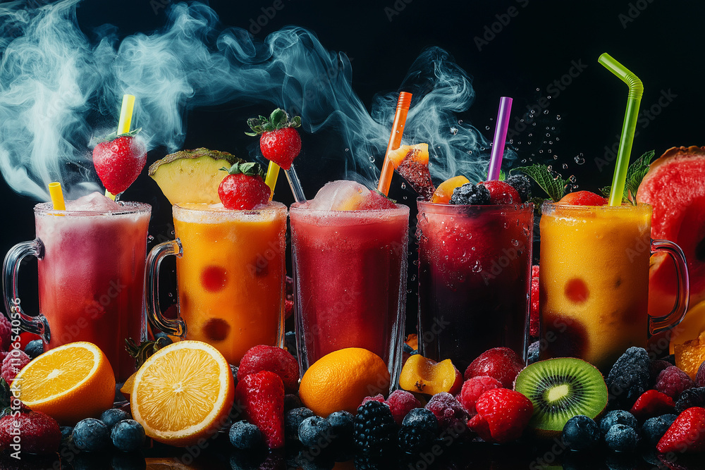 A collage of colorful smoothies and tropical drinks, black background. Creating a bright and cheerful atmosphere. Suitable for poster design. A collage of colorful smoothies and tropical drinks, black background. Creating a bright and cheerful atmosphere. Suitable for poster design.