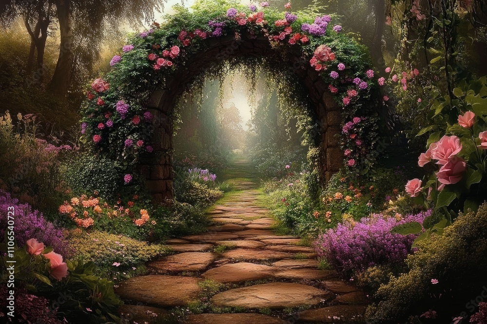 Enchanted Garden Pathway with Stone Archway and Colorful Blossoms in a Serene Landscape Enchanted Garden Pathway with Stone Archway and Colorful Blossoms in a Serene Landscape