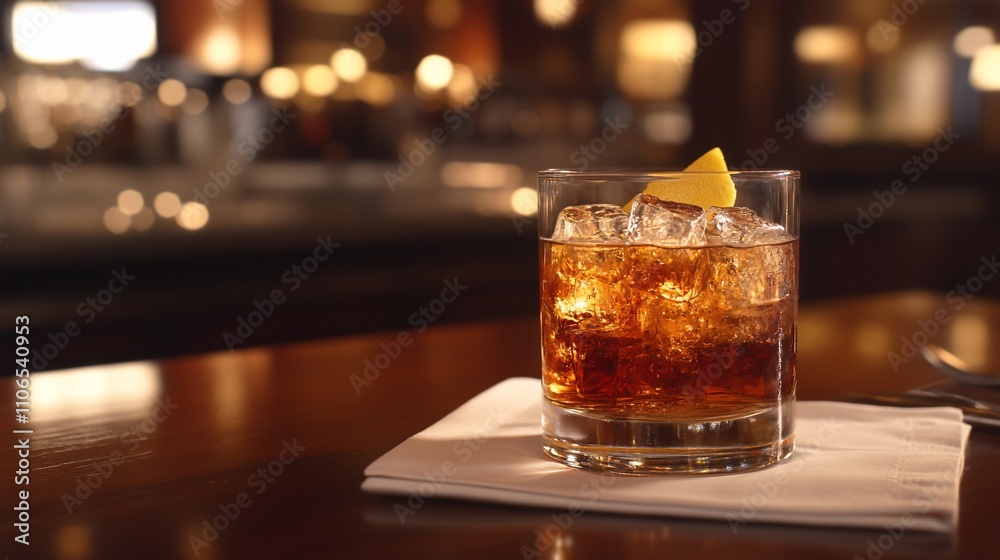 Iced whiskey cocktail on bar, garnished with lemon. Iced whiskey cocktail on bar, garnished with lemon.