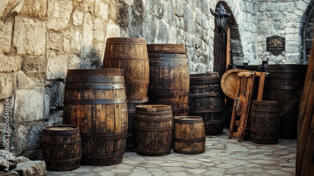 Sturdy wooden barrels and crates stacked near castle walls for a rustic medieval look Sturdy wooden barrels and crates stacked near castle walls for a rustic medieval look