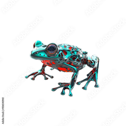 Metallic Teal and Red Frog,  Cyberpunk Amphibian, Chrome Frog Illustration photo