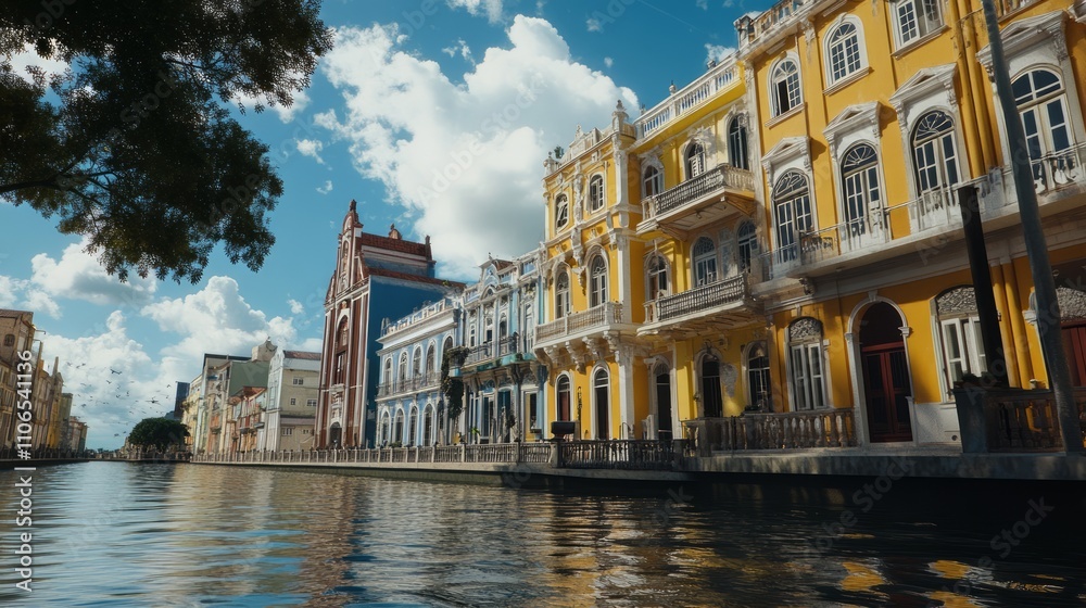 Colorful colonial buildings line a calm canal under a bright, sunny sky. Colorful colonial buildings line a calm canal under a bright, sunny sky.