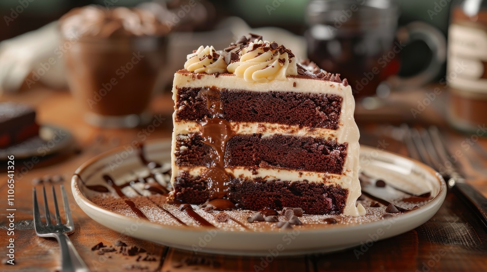 A decadent chocolate cake slice on a plate, surrounded by coffee and dessert. A decadent chocolate cake slice on a plate, surrounded by coffee and dessert.