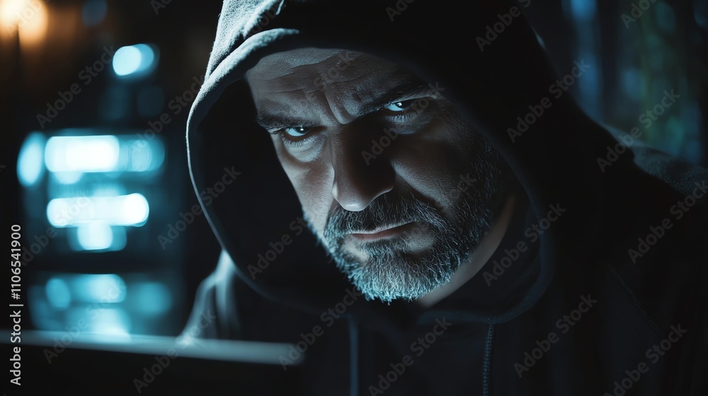 A hooded man with a beard looks intently at a laptop, with blue lighting. A hooded man with a beard looks intently at a laptop, with blue lighting.