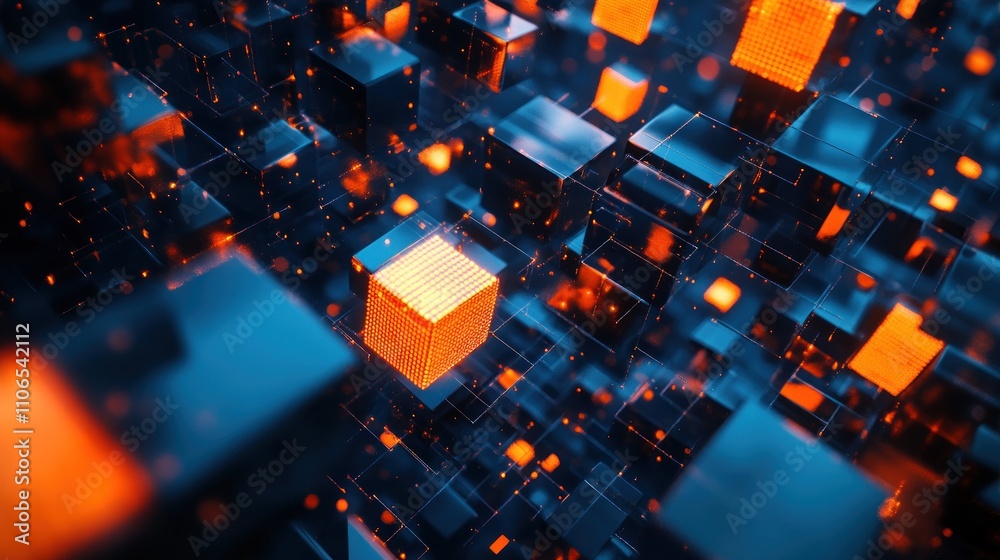 Abstract Digital Cubes with Glowing Orange Lights Abstract Digital Cubes with Glowing Orange Lights