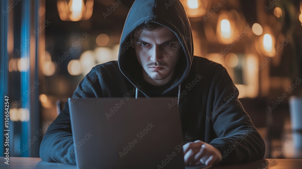 A man wearing a hoodie works on a laptop in a cafe.