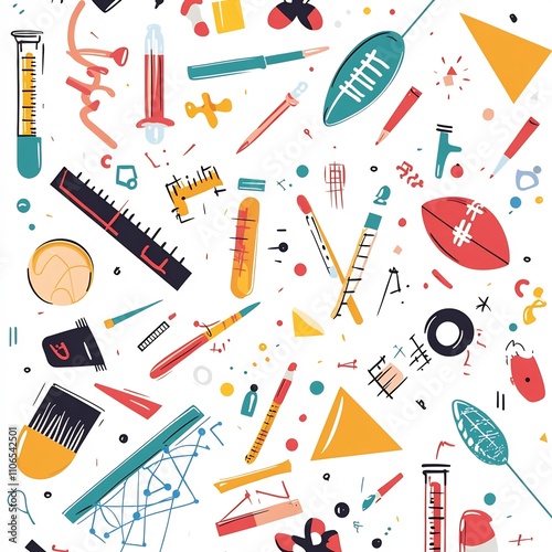 A captivating design showcasing a harmonious blend of mathematical elements such as test tubes paintbrushes triangles and footballs all arranged against a clean and minimalist white backdrop