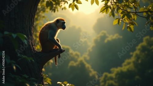 A serene image of a monkey sitting in a tree, capturing its peaceful yet watchful nature in the jungle.