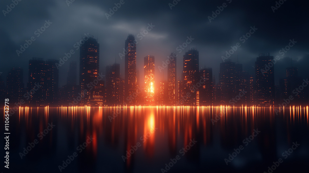 A dark city skyline at night, with skyscrapers illuminated by orange lights reflecting on the water below. The sky is overcast A dark city skyline at night, with skyscrapers illuminated by orange lights reflecting on the water below. The sky is overcast