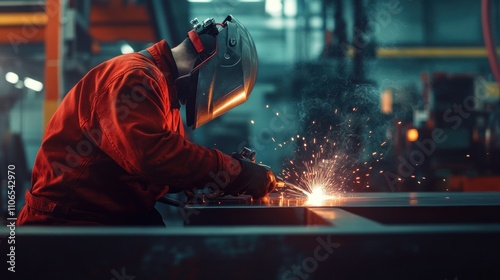 A man in a red jacket is welding