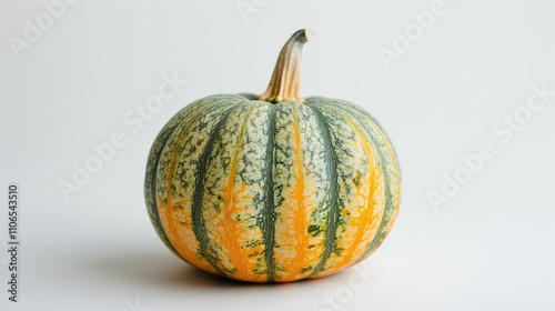 Ornamental pumpkin with green stripes against a white backdrop. photo