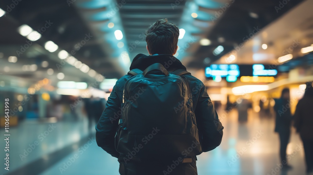 A man walks through an airport terminal with a backpack. A man walks through an airport terminal with a backpack.