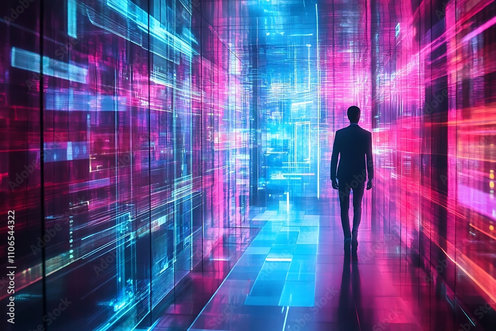 Businessman in futuristic digital corridor. Concept of innovation, technology, and future. Businessman in futuristic digital corridor. Concept of innovation, technology, and future.
