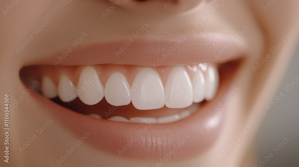 Obraz premium Closeup shot of a radiant smile with pearly white teeth, framed by a blurred backdrop for an appealing focus.