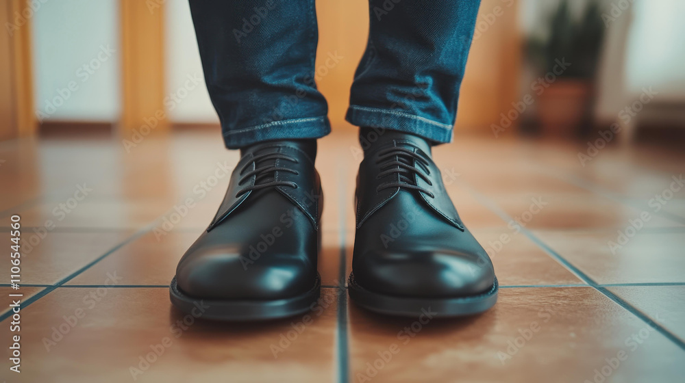 A close view of a person in black shoes and blue jeans, with a tiled floor beneath them and a blurred background. A close view of a person in black shoes and blue jeans, with a tiled floor beneath them and a blurred background.