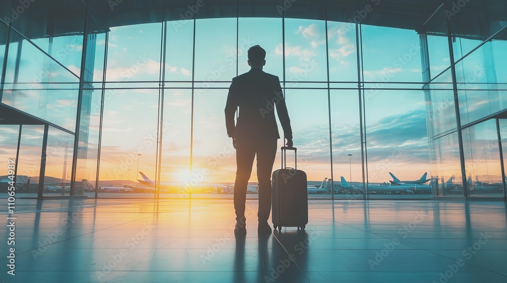 A businessman walks through an airport terminal with his luggage, with a bright sunset in the background. A businessman walks through an airport terminal with his luggage, with a bright sunset in the background.
