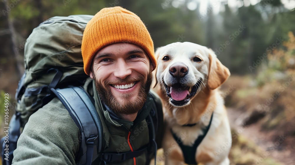 A man and his golden retriever are smiling while hiking through a forest.