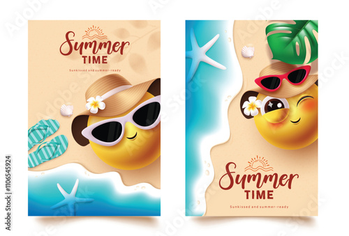 Summer time emoji clipart poster set design. Summer time text with emojis character wearing sunglasses and hat elements in seashore beach background. Vector illustration summer vacation emoticon 