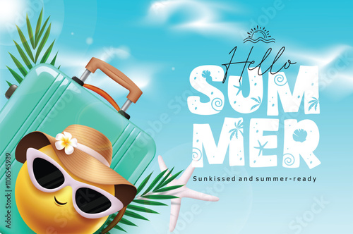 Emoji hello summer clipart design. Summer greeting text with emoji character and luggage bag element for travel holiday vacation. Vector illustration summer tour emoticon clip art.
