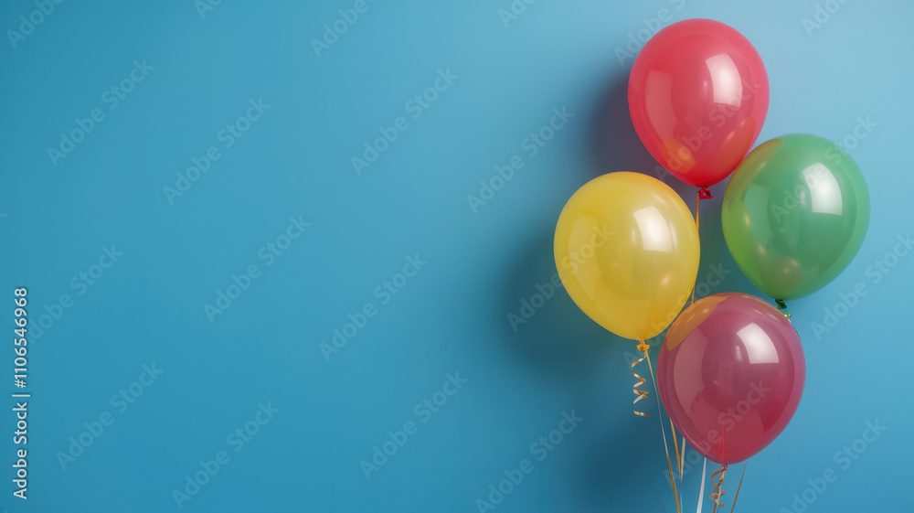 A festive cluster of colorful balloons in red, yellow, green, and pink floats against a bright blue background, perfect for celebrations and parties. A festive cluster of colorful balloons in red, yellow, green, and pink floats against a bright blue background, perfect for celebrations and parties.