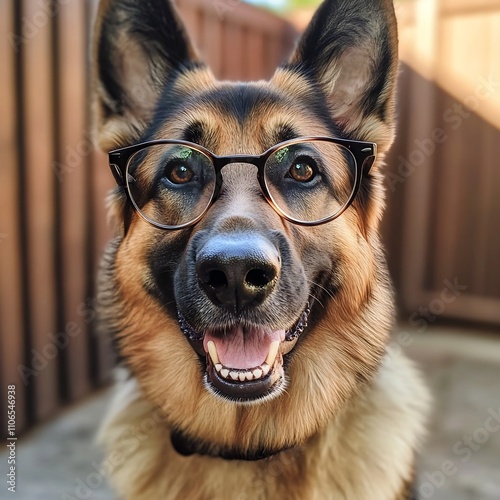 Cheerful and friendly German Shepherd dog wearing modern stylish glasses captured in a bright clean studio portrait  The dog s confident and happy expression creates an upbeat photo