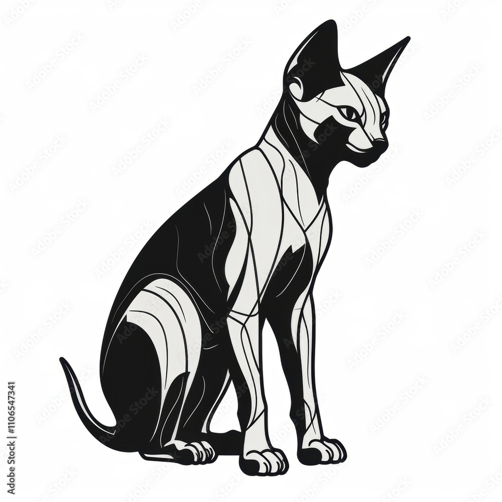 Fototapeta premium Black and white line art of a graceful Sphynx cat with intricate patterns and detailed posture, perfect for tattoo designs, coloring pages, or artistic illustrations.