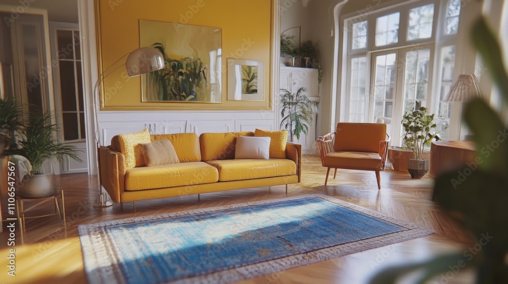 The spacious living room showcases a bright yellow sofa paired with a cozy orange chair and an intricate area rug. The spacious living room showcases a bright yellow sofa paired with a cozy orange chair and an intricate area rug.