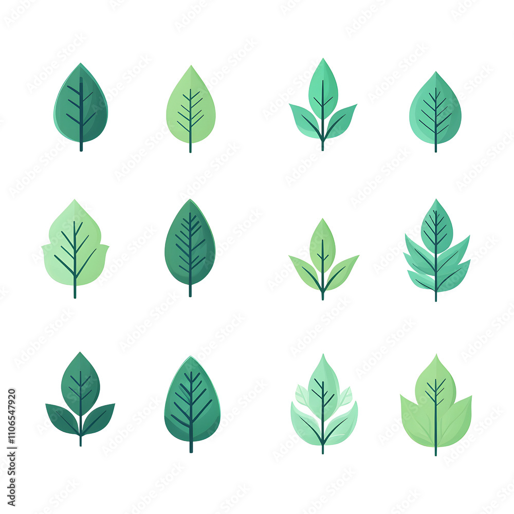 Obraz premium Flat gradient icon set of leavesgreen color theme isolated on transparent or white background, png
