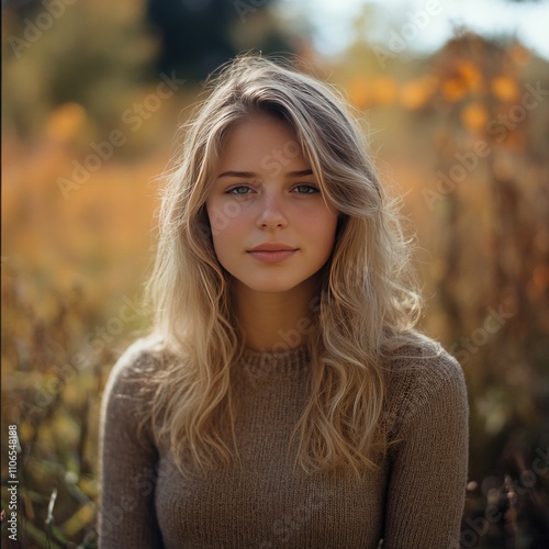 Natural portrait of a young woman with long blonde hair, soft expression.