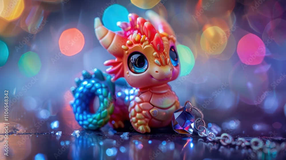 A colorful dragon figurine with bright eyes and a shimmering tail, surrounded by soft lights. A colorful dragon figurine with bright eyes and a shimmering tail, surrounded by soft lights.