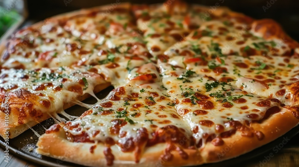 A delicious pizza topped with cheese, herbs, and vegetables, ready to be enjoyed. A delicious pizza topped with cheese, herbs, and vegetables, ready to be enjoyed.