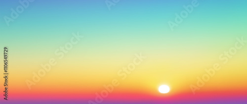 Minimalist blurred sunset gradient background with a glowing sun on the horizon. Beautiful cloudless sunrise or sunset evokes tranquility, warmth, and natural beauty for banners, covers or posters