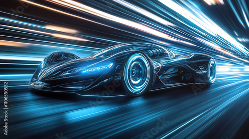 A sleek, futuristic car zooms at high speed on an abstract background with streaks of light and motion blur