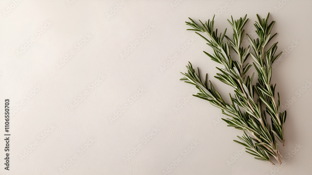 Rustic Minimalism: A Single Rosemary Sprig Casting Shadows on a Neutral Textured Background