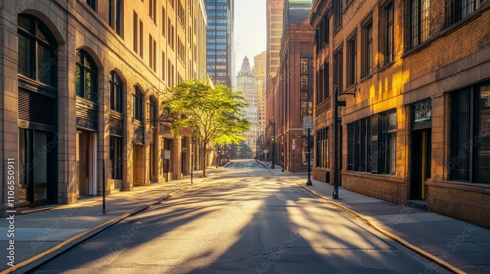 Fototapeta premium Empty city street at sunrise, sunlight illuminating buildings and road.